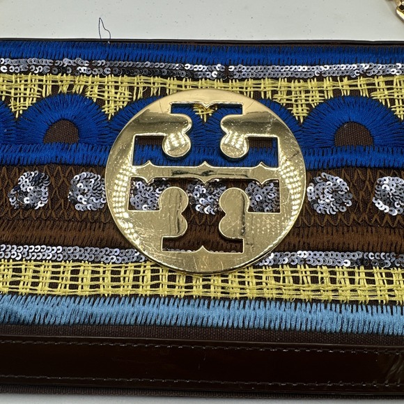 Tory‎ Burch Reva Brown Blue Yellow Embroidery Sequin Clutch Chain Strap RARE - Picture 3 of 9